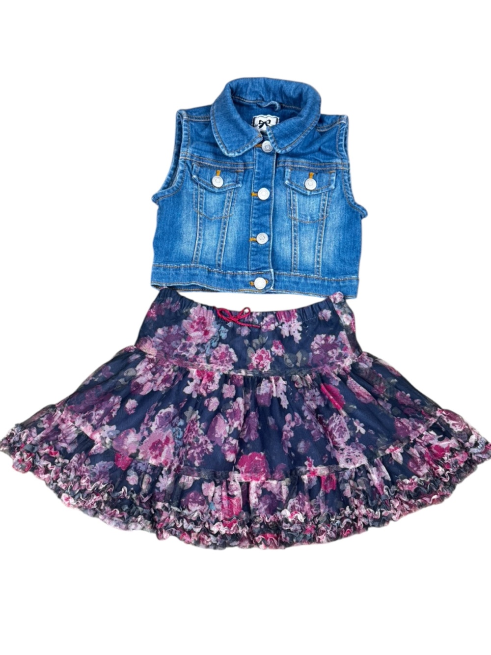 Gymboree Denim Blue Jean Vest & H&M Floral Tiered Skirt Girls Size Small 5/6